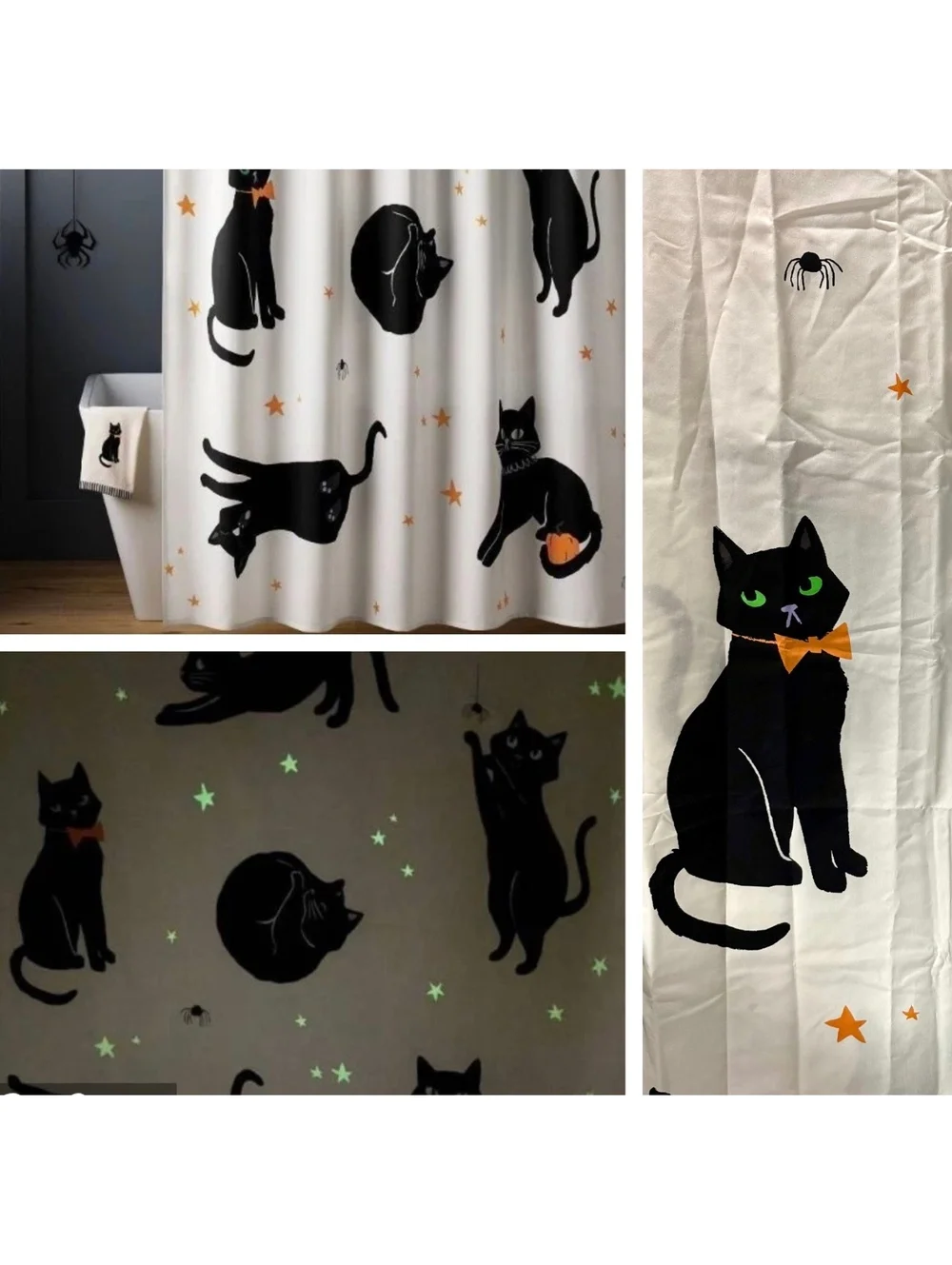 Hide and Eek! Boutique Halloween Shower Curtain with Black Cats, Glows in the D